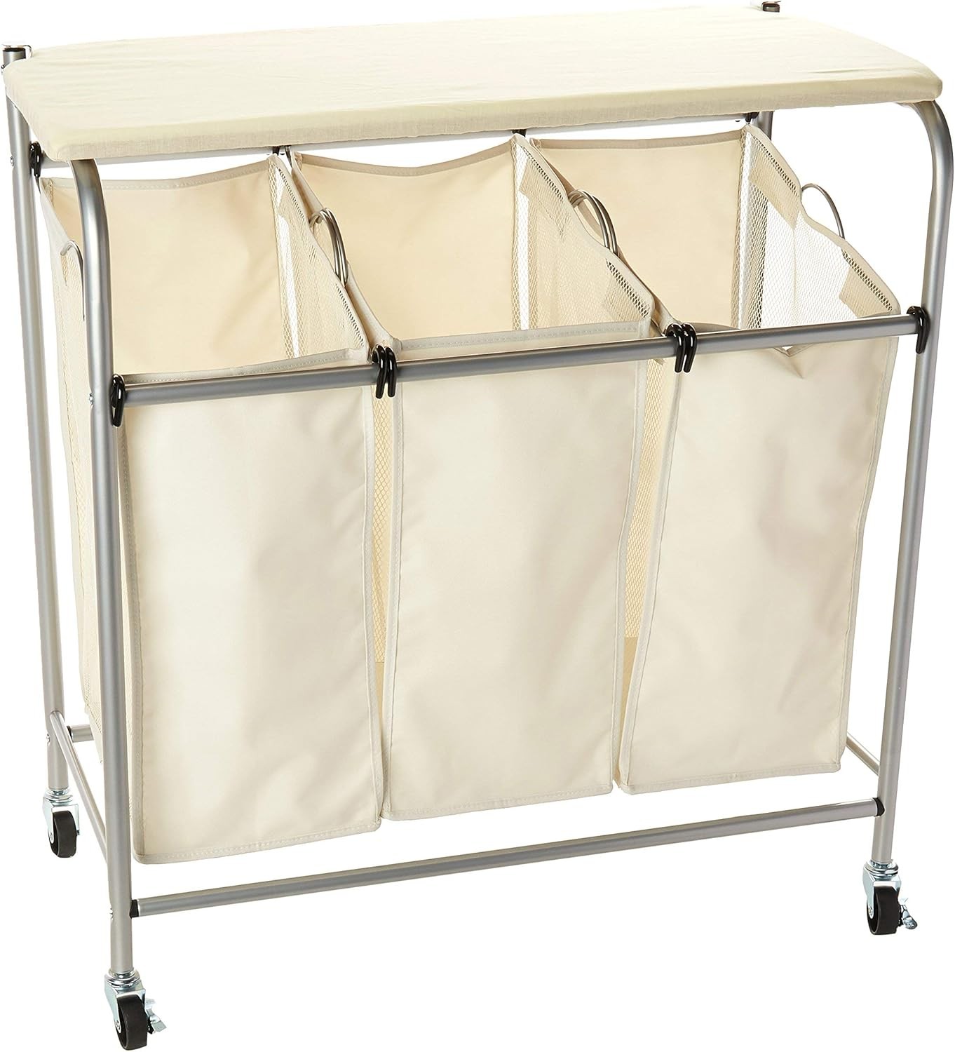 Honey-Can-Do 3-Bag Rolling Laundry Sorter Cart Chrome Canvas Removable Bags 28.5 x 15 x 31 Inch