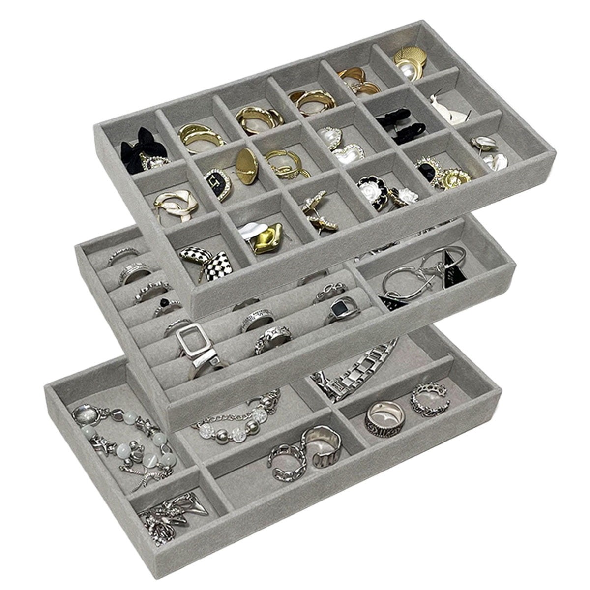 mDesign Stackable Velvet Jewelry Tray Organizer Pack of 3 Linen Cream for Drawers and Shelves