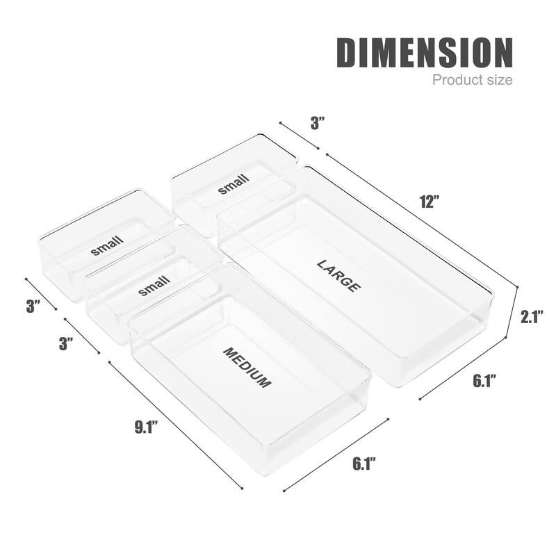 Rubbermaid Clear Modular Drawer Organizer Tray Set 5 Piece Non-Slip Nested Trays