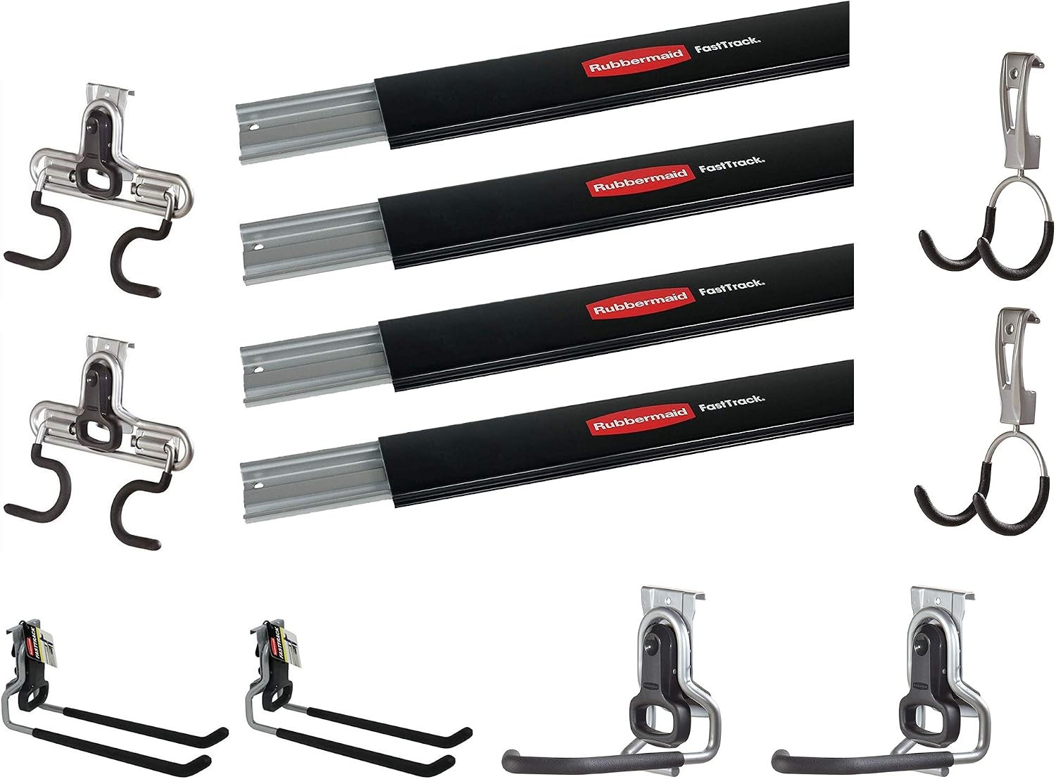 Rubbermaid FastTrack Garage Wall Rail Storage Kit 48 Inch Titanium with Hooks and Baskets