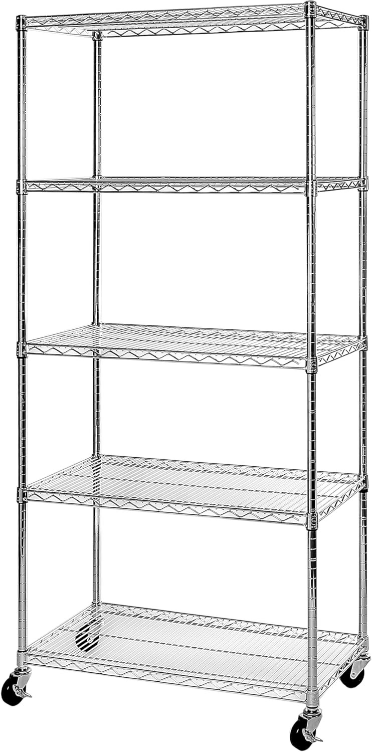 Seville Classics UltraDurable 5-Tier Steel Wire Shelving Unit Chrome NSF 48 x 18 x 72 Inch with Casters
